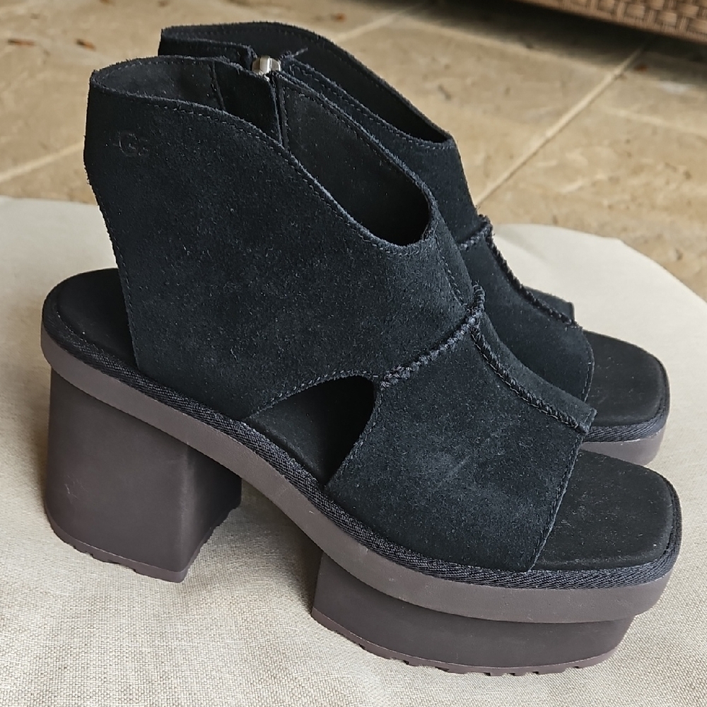 Ugg New Heights Platform Slingback Sandals Black Suede Zip Side, Size 8.5